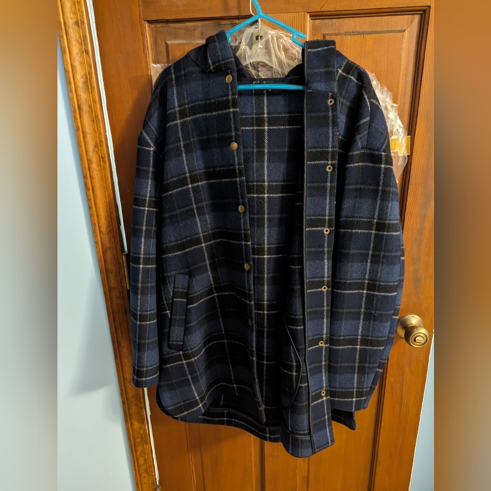 & Other Stories Blue plaid wool shirt jacket size L